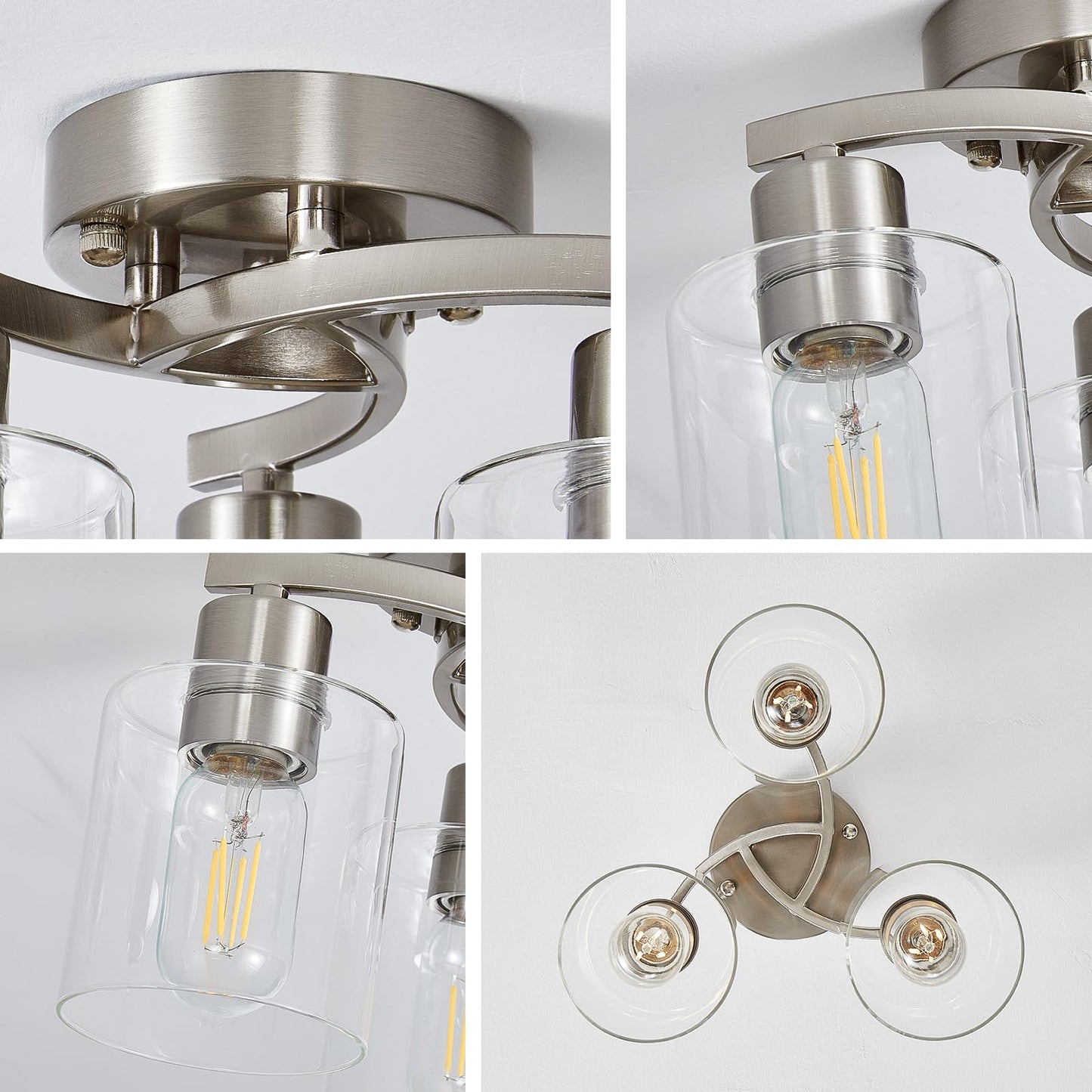 Doltoro Brushed Nickel Ceiling Light Fixtures, 3-Light Kitchen Light Fixture, Modern Flush Mount Ceiling Light Mount with Clear Glass Shade for Foyer Stairs Hallway Entryway Bedroom