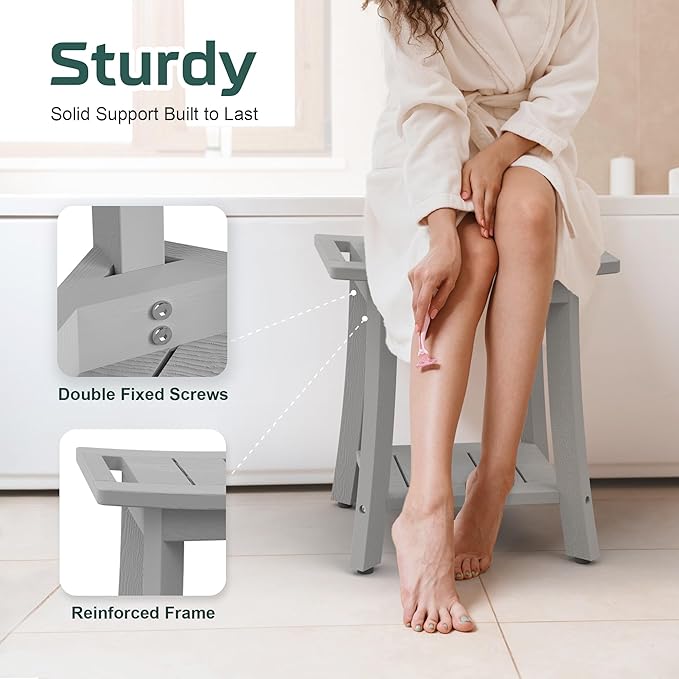 Waterproof Shower Benches for Inside Shower, Poly Lumber Shower Stool with Storage Shelf & Adjustable Feet, SPA Bathroom Seat Chair for Shaving Legs, Indoor or Outdoor Use, Grey