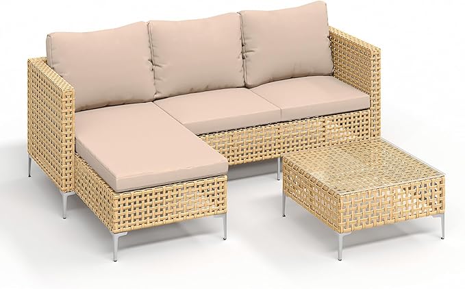 Ophelian 3 Piece Outdoor Furniture Set, Apartment Patio Sectional Furniture, Patio Chaise Sofa Sets with All Weather Manual Rattan, Perfect for Balcony, Porch, Lawn, Backyard (Yellow/Beige)