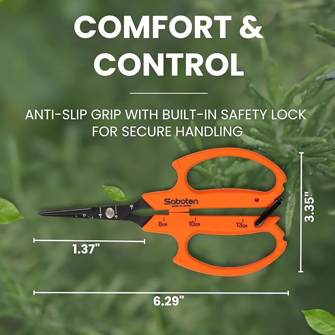 Saboten 6.3" Japanese Harvesting Shears, Magnetic Springless Assist, Fine-Tip Angled Blade, Fluorine-Coated Stainless Steel, Ergonomic Non-Slip Grip, Safety Lock, Made in Japan