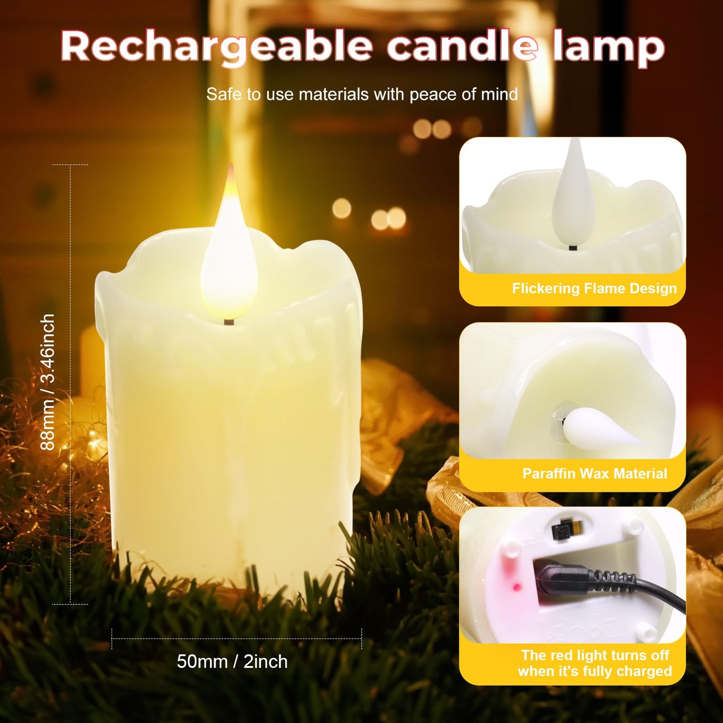 6 PCS Real Wax Rechargeable Flameless Warm White LED Candles,Remote Control,D2 x H4”,Brightness Adjustable Flickering Battery Operated Tea Lights Candles with timer,for Christmas,Home,Halloween Decor