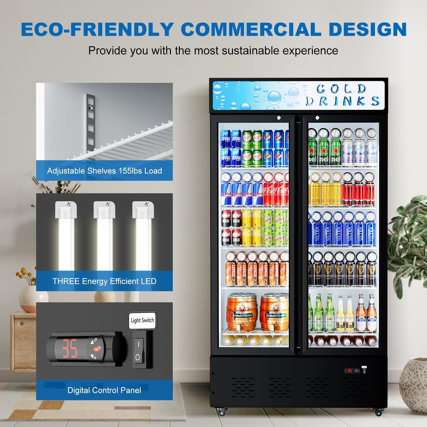 ECEVT 30 Cu.ft. Commercial Beverage Refrigerators Glass Door Refrigerator Upright Display Cooler with Soft LED Light and Adjustable Shelves for Restaurant Grocery Stores Home