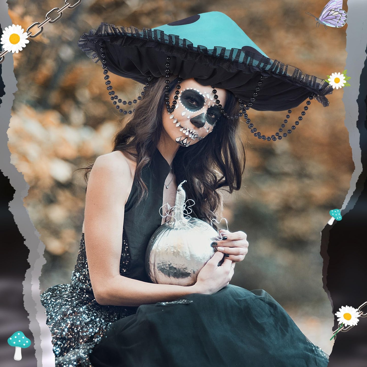 Croloose Mushroom Hat Renaissance Medieval Costume Cosplay Halloween Victorian Fairy Accessories with Bead Lace Brim Cap (Green and Black)