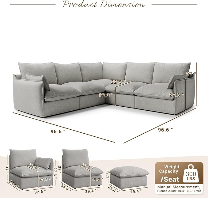 Forest aesthetics Cloud Modular Sectional,V Shape 5 Seater Waterproof High Backrest Sectional Sofas,Down Filled Modular Couch with Removable Washable Cover for Living Room,Light Gray