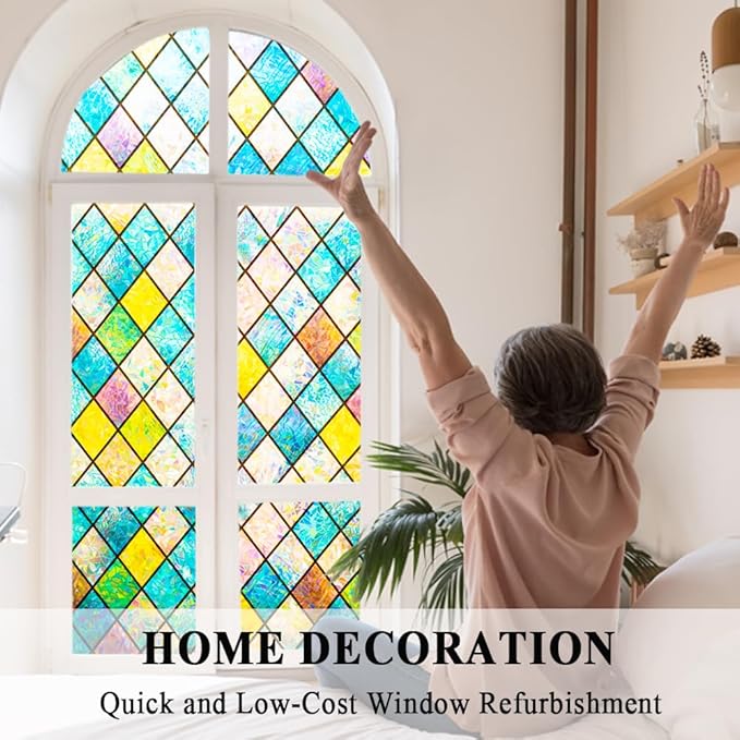 Colorful Stained Glass Window Film 3D Prism Sliding Door Privacy Covering Static Cling Church Tint Decorative Suncatcher Cover Decal No Glue Heat Cotrol Anti Glare Removable Home Office,45.2x157in.