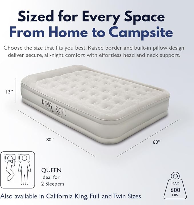 King Koil Luxury Queen Size Air Mattress with Built-in High-Speed Pump Best for Home, Camping, Guests, 13" Queen Size Luxury Double Airbed Adjustable Blow Up Mattress, Waterproof, 1-Year Warranty