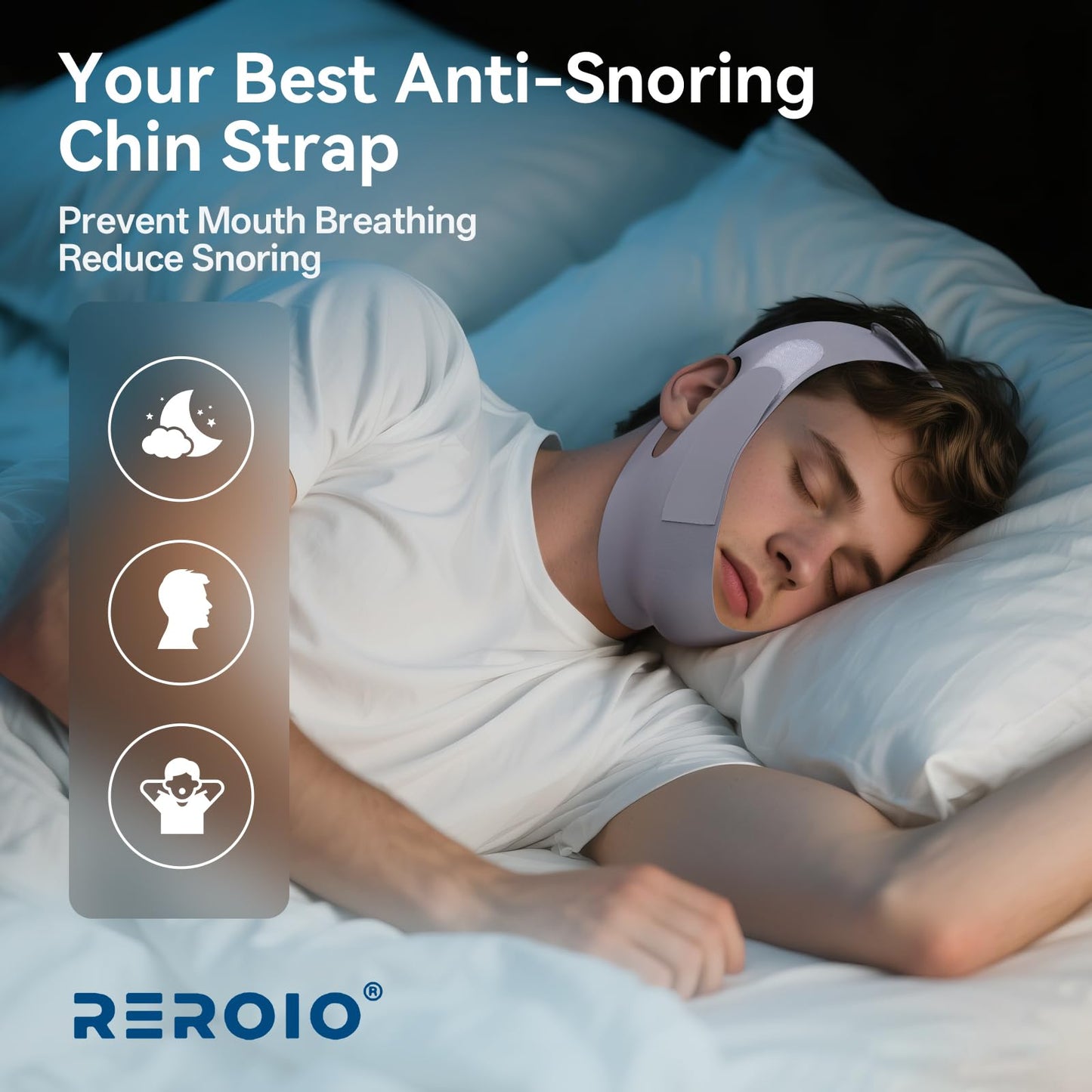 REROIO Chin Strap for Sleeping with 4-Side Adjustment, Anti Snoring Chin Strap Elasticity, Anti Snoring Devices Breathable and Durable, Comfortable Snore Stopper for Adults, Gray, M