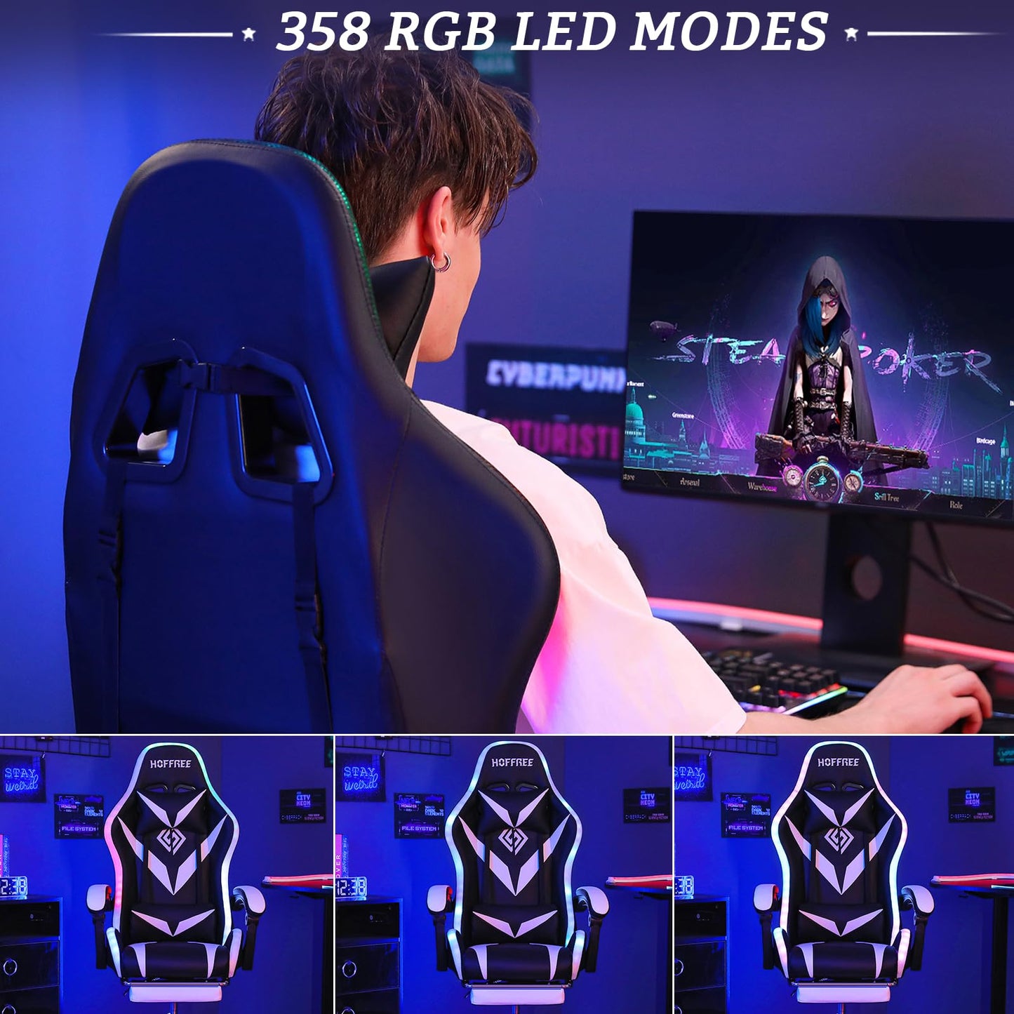 RGB Gaming Chair with Massage and LED Lights Ergonomic Computer Chair with Footrest Reclining High Back Video Game Chair for Adults with Adjustable Lumbar Support White and Black