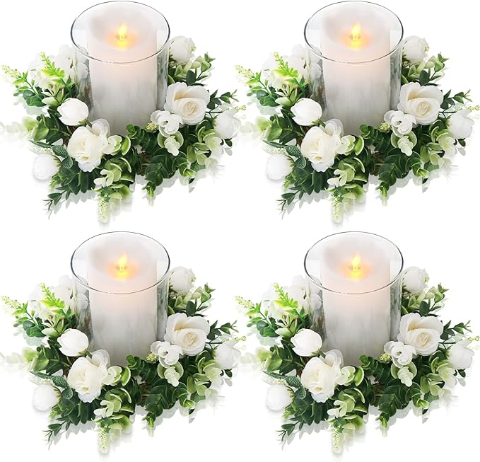 Acmee 4 Pcs White Rose Candle Rings - Artificial Floral Wreaths with Eucalyptus Leaves Greenery Garland for Pillar Candleh...