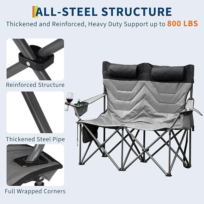 Oversized Double Camping Chairs, Heavy Duty Padded Loveseat Chair - 900 LBS Support for Adult - Comfortable Camping Chair with High Back & Pillow