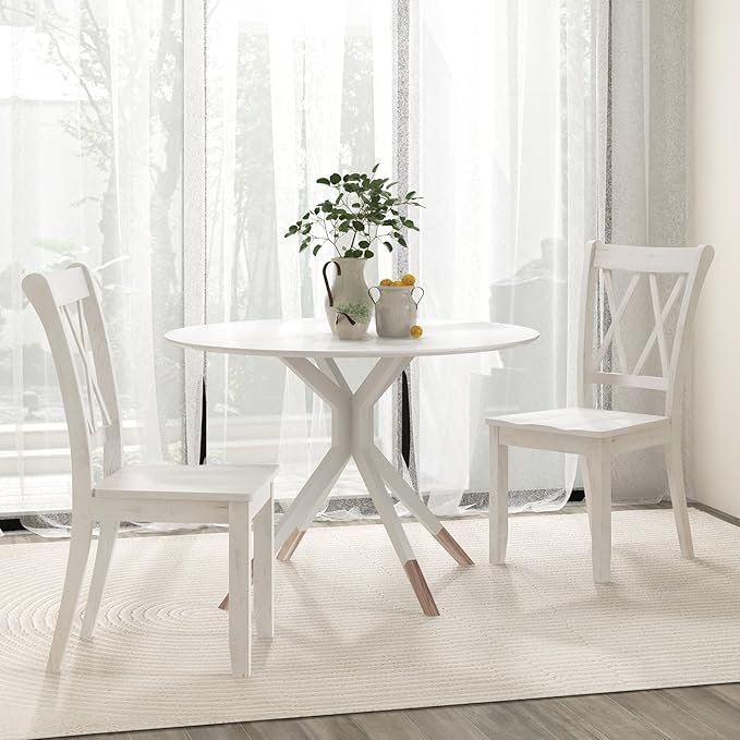 Giantex Wood Dining Chairs Set of 4 White, Rustic Armless Kitchen Chairs w/Rubber Wood Frame, Cross Back, Contoured Seat, Farmhouse Wooden Side Chairs, High Back Kitchen Chairs for Home Dining Room