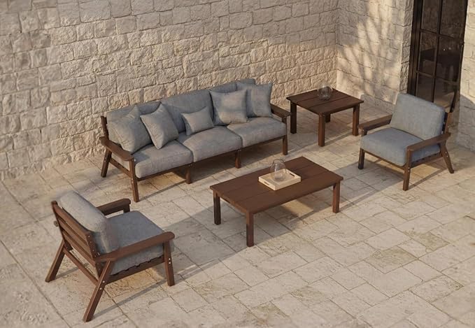 Patio Kingdom 7 Piece Patio Conversation Sets, Outdoor Couch with Washable Thick Gray Cushions, HDPE Patio Furniture Set, Outdoor Sectional Furniture for Backyard, Deck, Lawn, Porch (Brown Frame)