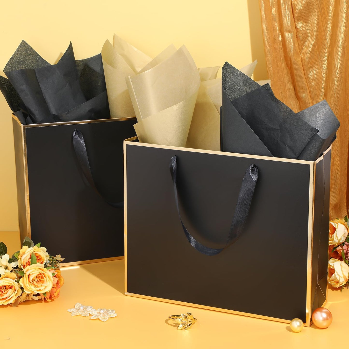 ReliThick 12 Pack 12 Pack Metallic Paper Gift Bag with Handles and Tissue Paper 11.8 x 10 x 4'' Thank You Favor Bag for Wedding Bridesmaid Groomsmen 5 Senses Birthday Gifts (Black,Gold)