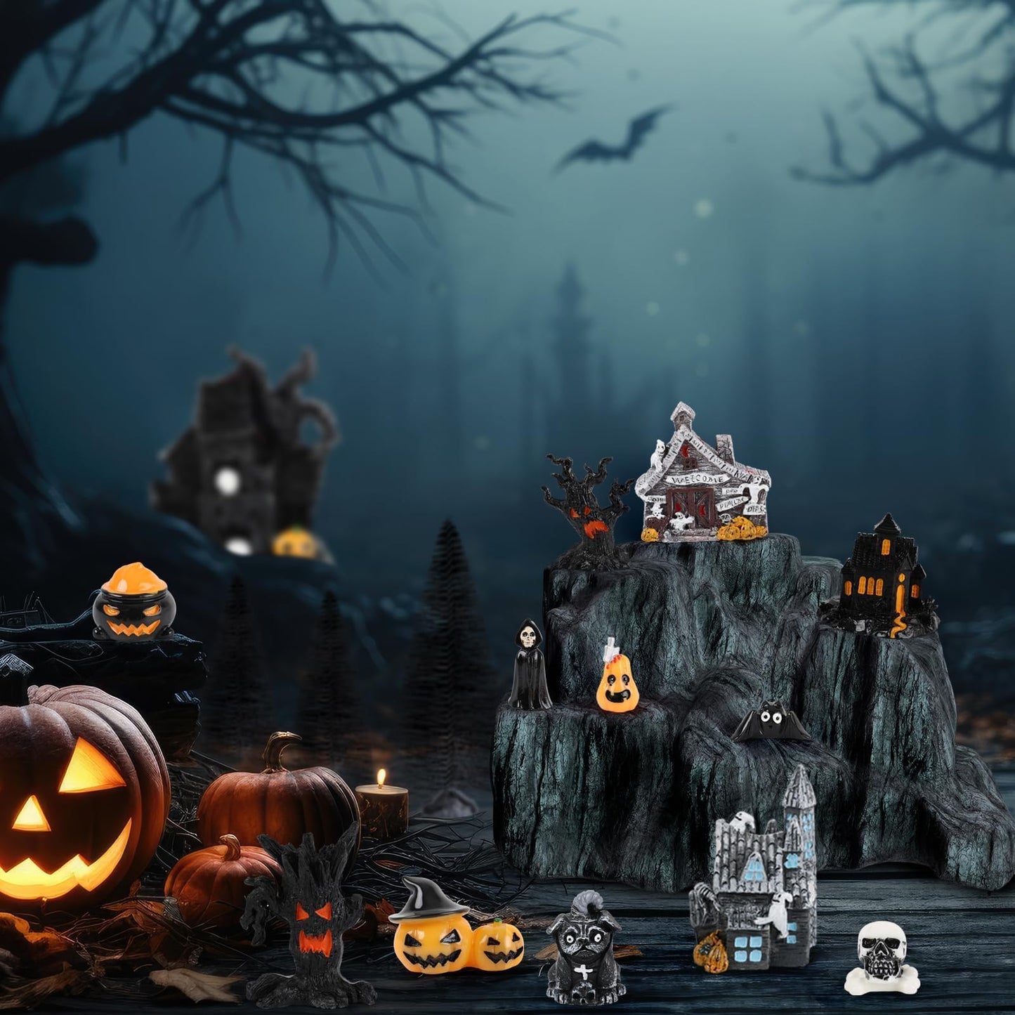 YLOLUL 30 Pcs Halloween Village Ornaments Accessories Figurines Town Miniatures Include Trees Pumpkins Black Dog Crows Skeletons Houses Wizard Bat for Halloween Village & Party Table Decorations