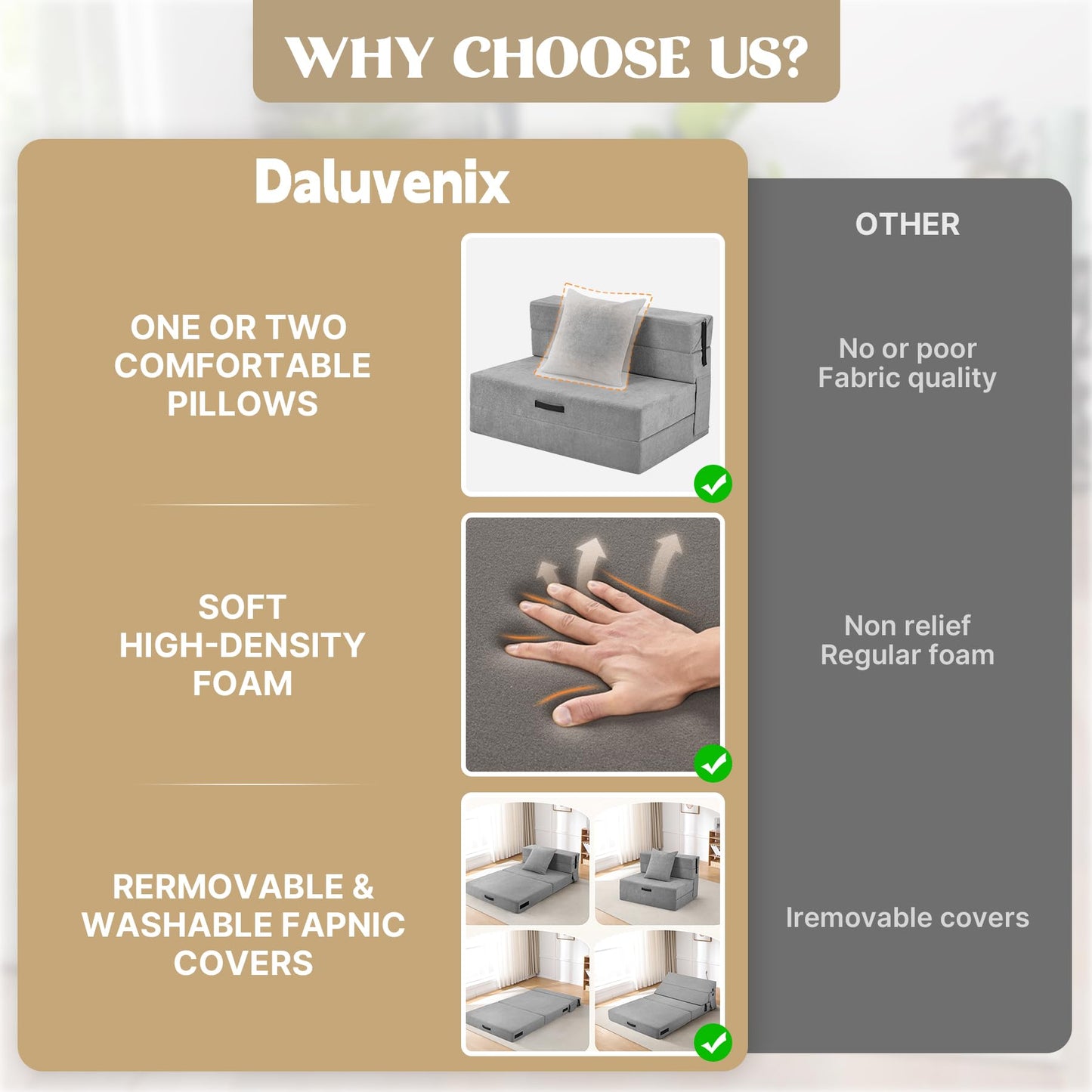 Aivermeil Folding Sofa Bed Couch Futon Sleeper Chair with Pillow, Convertible Futon Couch, Foldable Mattress, Washable Cover, for Living Room/Dorm/Guest Room, Twin Size, Dark Grey