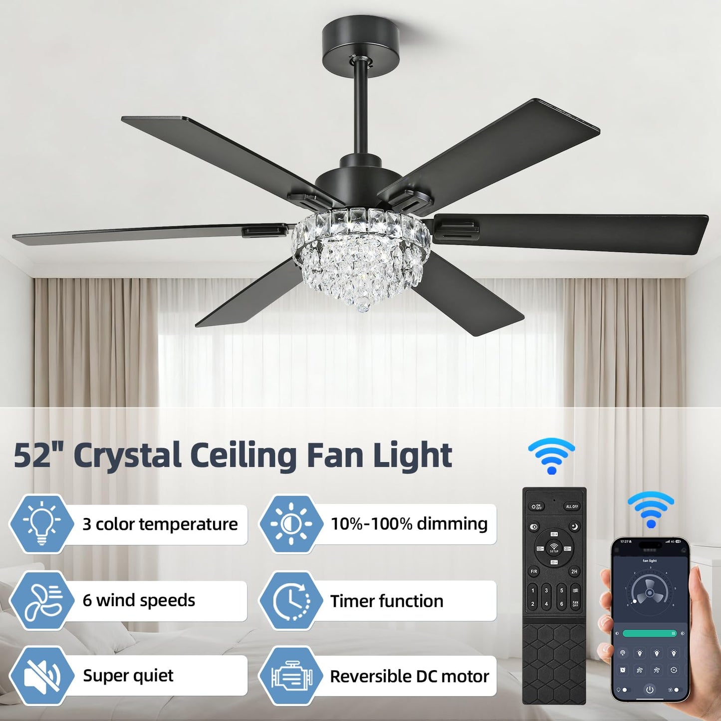 52 Inch Crystal Chandelier Ceiling Fan with Light, 6-Speed Remote Control Black Fandelier with Timer, 6 Reversible Blades Fan Chandelier for Living Room Bedroom, Dimmable LED Light, Quiet DC Motor