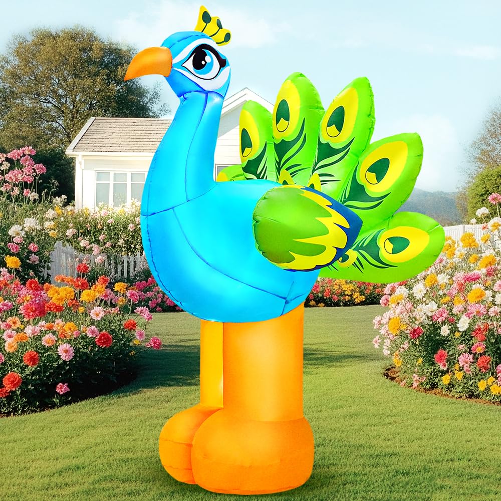 KOOY 6FT Peacock Decor Inflatable, Built in LED Lights Blow Up Animal Decorations for Garden, Peacock Garden Decor for Summer Beach Party Tropical Lawn Yard