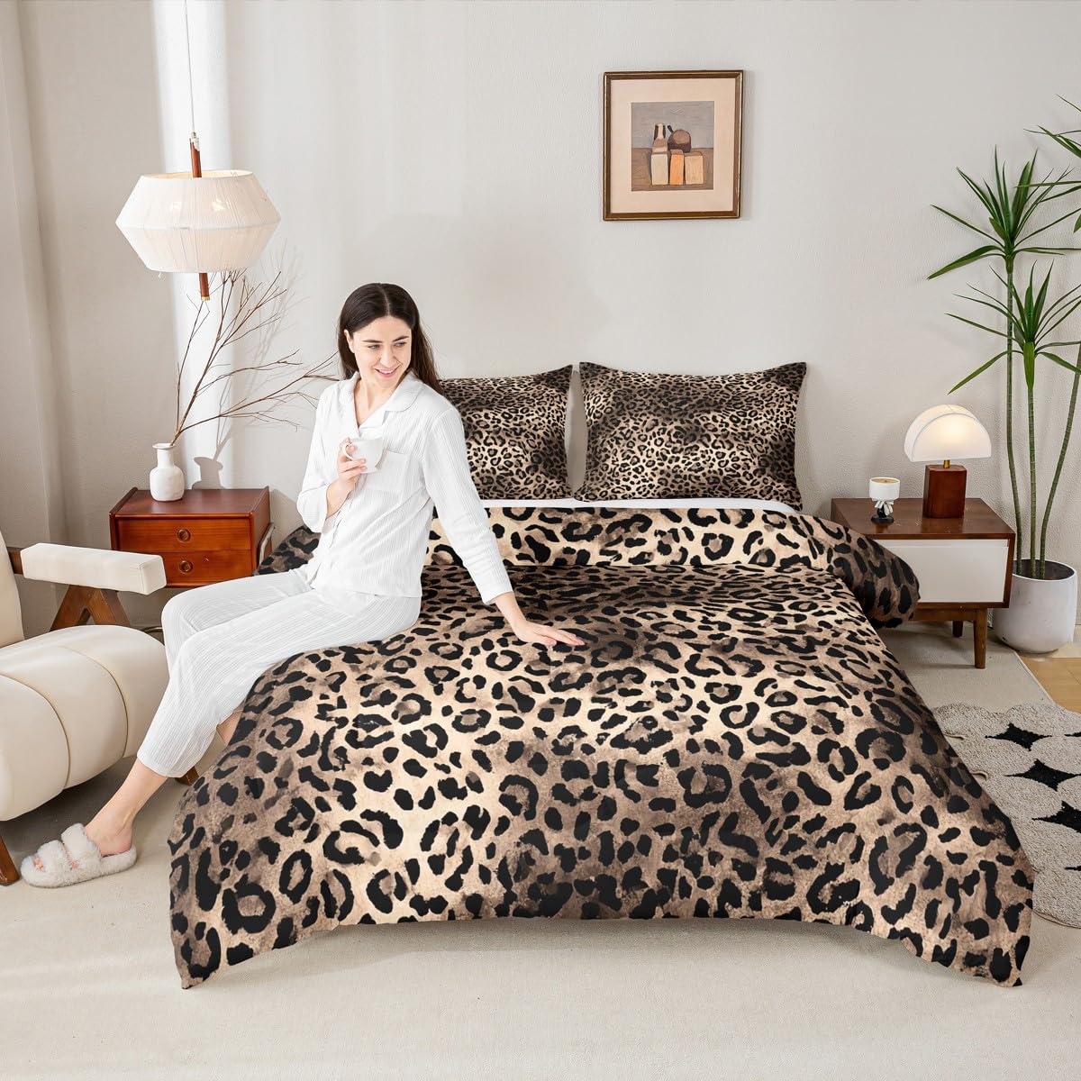 Leopard Comforter Set Full Size Brown Bedding Set 3pcs for Kids Teens Room Decor,Animal Cheetah Quilt Set Modern Luxury Soft Breathable Duvet Insert with 2 Pillowcases