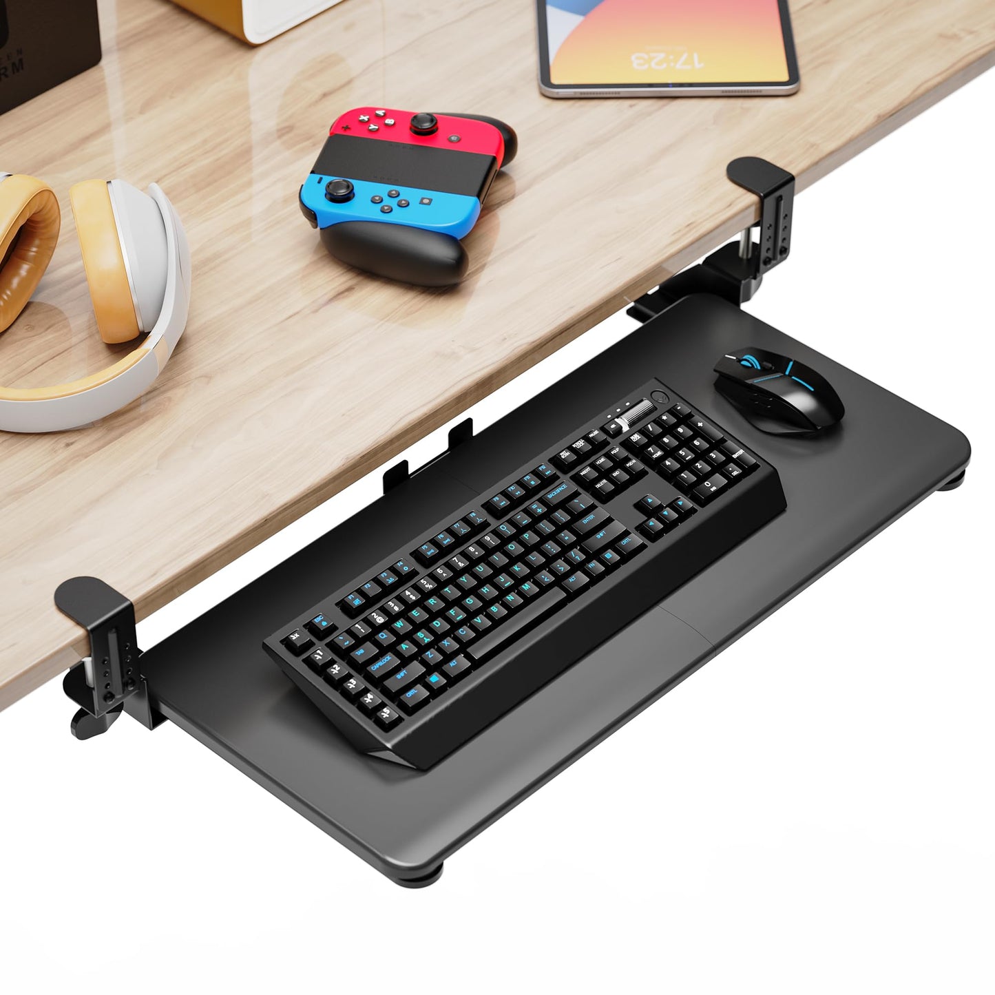 Zontera Large Keyboard Tray That Slides Out from Under The Desk, Pull Out with Adjustable C-clamp, 25.6 x 11.8 Inch Computer Keyboard Drawer Mouse Tray for Typing, Black
