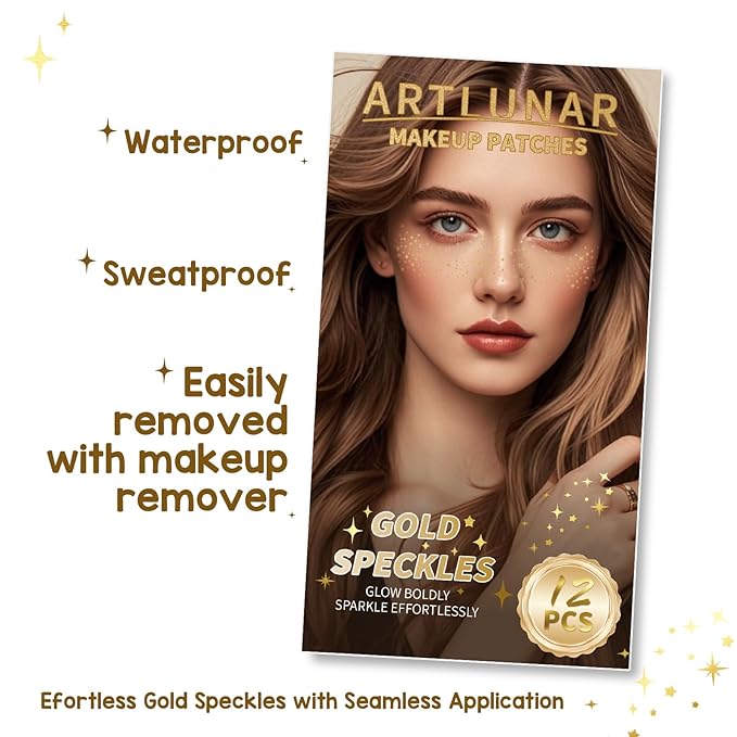 Artlunar 12Pcs Christmas Gold Sparkle Makeup Patches - Body Glitter Stickers for Face and Body, Perfect for Festivals and Parties (Gold),Christmas Makeup Gifts for Women and Girl.