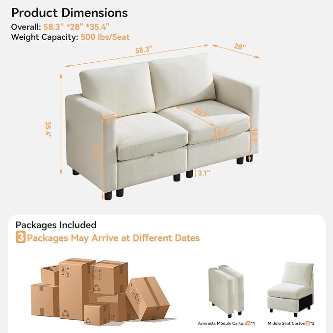 WUTUTUEE 58”Modular Sectional Loveseat Sofa, Modern Love Seat 2 Seater Sofa Couch with Storage, Chenille Modular Sectional Couch for Living Room, Bedroom, Office, Small Apartment, Beige