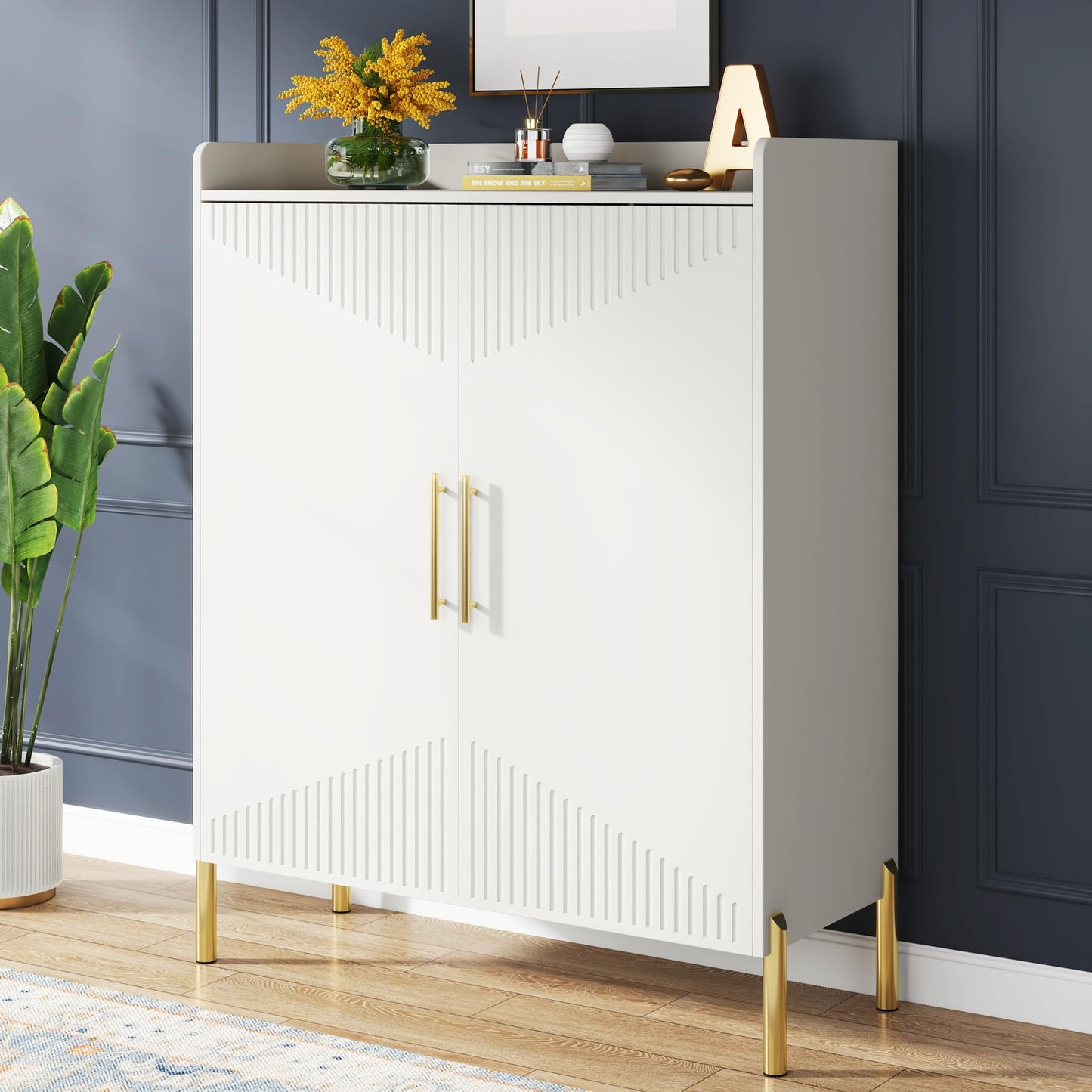 Tribesigns Large Shoe Cabinet with Doors, 6-Tier Entryway Shoe Storage Cabinet with Shelves, 30 Pairs Modern Shoes Rack Organizer for Hallway, Closet, Bedroom, Living Room, White & Gold