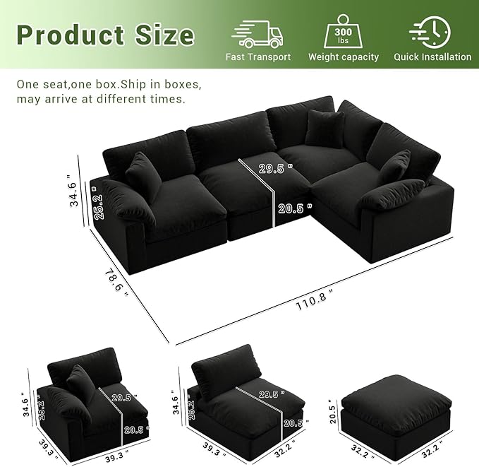 Intuition Decor Cloud Modular Sectional Sofa,189.4" Down Filled Sofa 4 Seat with Chaise,Minimalist Sofa Cover Washable and Replaceable Couches for Living Room,Sectional Sofa Deep Seat Black