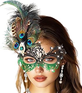 Campsis Rhinestone Masquerade Mask, Green Masquerade Ball Mask, Feather Party Masks for Women