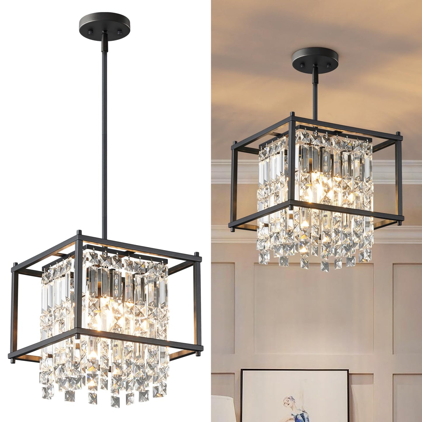 LMQNINE Modern Foyer Chandelier, Black Crystal Chandelier Entryway Light Fixture, Square Adjustable Height Chandeliers for Kitchen Island, L11.81'' x H7.87''