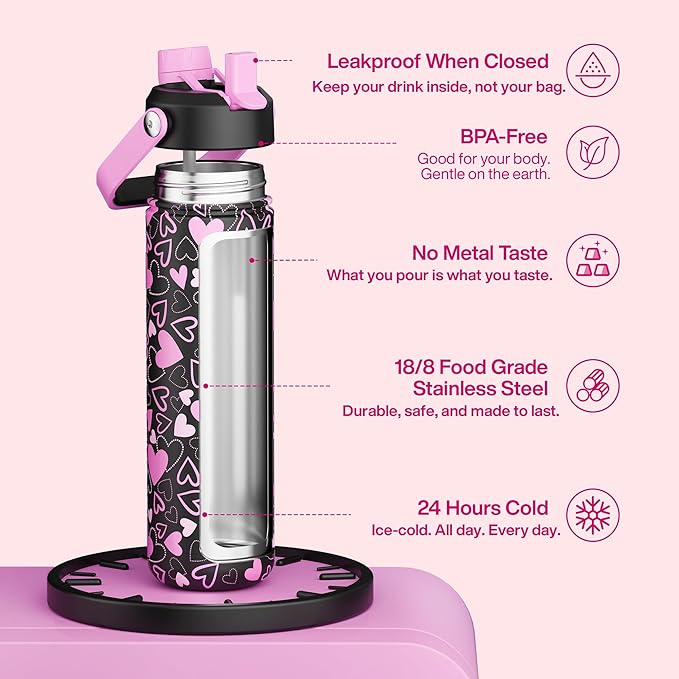 ENCOOL Valentine's Day Insulated Water Bottle with Straw Stainless Steel Water Bottle, Leak-Proof, BPA-Free, Keeps Cold for 24 Hours for Sports, Travel, School (26 oz, Sweet Hearts Violet x Black)