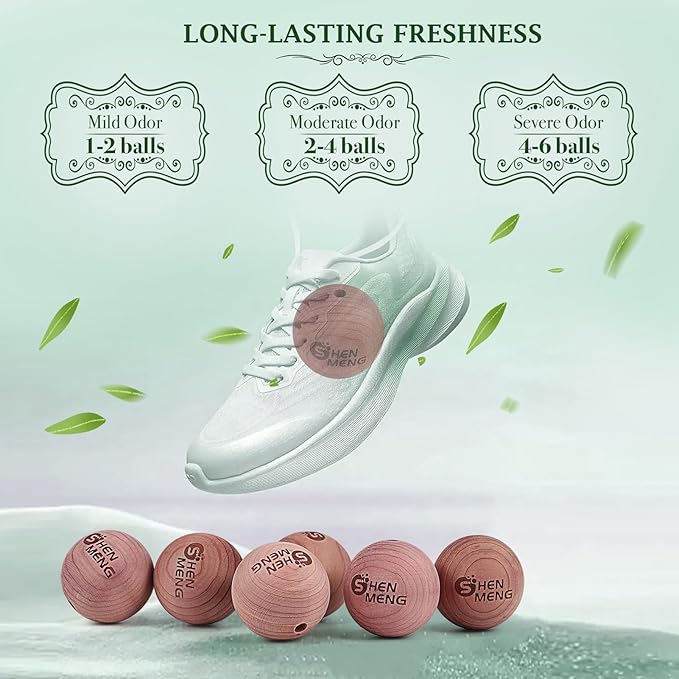 Shoe Deodorizer Balls, Sneaker Balls with Natural Woody Scent, 6pcs Odor-Fighting Shoe Freshener Balls, Odor Eliminators for Boots, Gym Bag, Closet, Locker, Hamper, Drawer