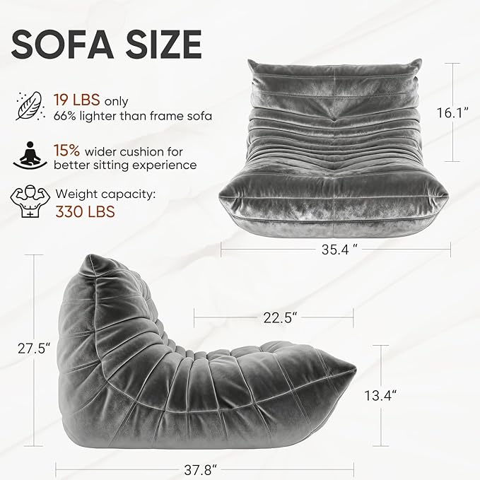 Bean Bag Chairs for Adults - Comfy High-Density Foam Fireside Chair, Adult Size, Soft Dutch Velvet Cover Beanbag Couch, Versatile for Living Room, Bedroom, Dorm, Reading & Gaming (Grey)