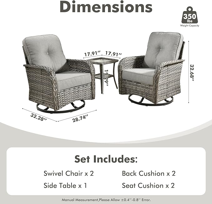 CAODOC 3-Piece Swivel Rocking Rattan Chair Outdoor, Patio Bistro Furniture Conversation Set, Wicker Chair with Coffee Table Dark Gray