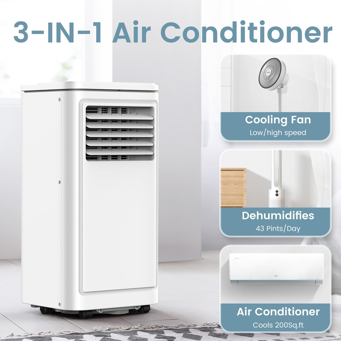 8000 Btu Portable Air Conditioners For Room Up To 350 Sq. Ft, 3-In-1 Mini Ac Unit For Bedroom With Dehumidifier & Fan Mode, Remo