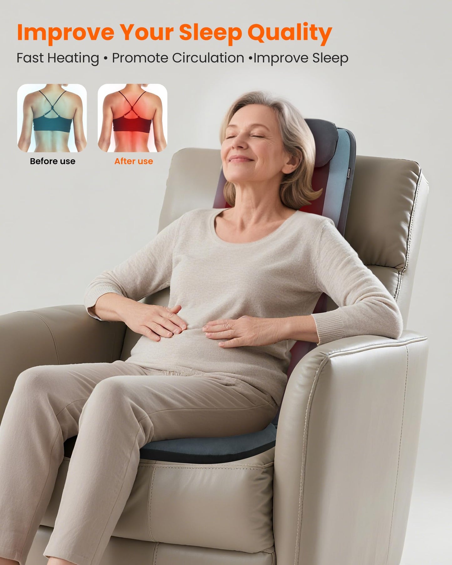 COMFIER Shiatsu Back Massager with Heat, Dual Motor 3D Rollers, Long Track Deep Tissue Kneading, Foldable Massage Chair Pad with Adjustable Height for Back Tension & Muscle Stiffness