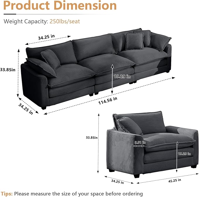 mikibama Luxury 3 Piece Sofa Set, 3-Seater & 2 Single Sofa Set, Modern Corduroy Comfy Cloud Couches Set for Living Room Office with 2 Armrest Pillows and 5 Toss Pillows, Grey