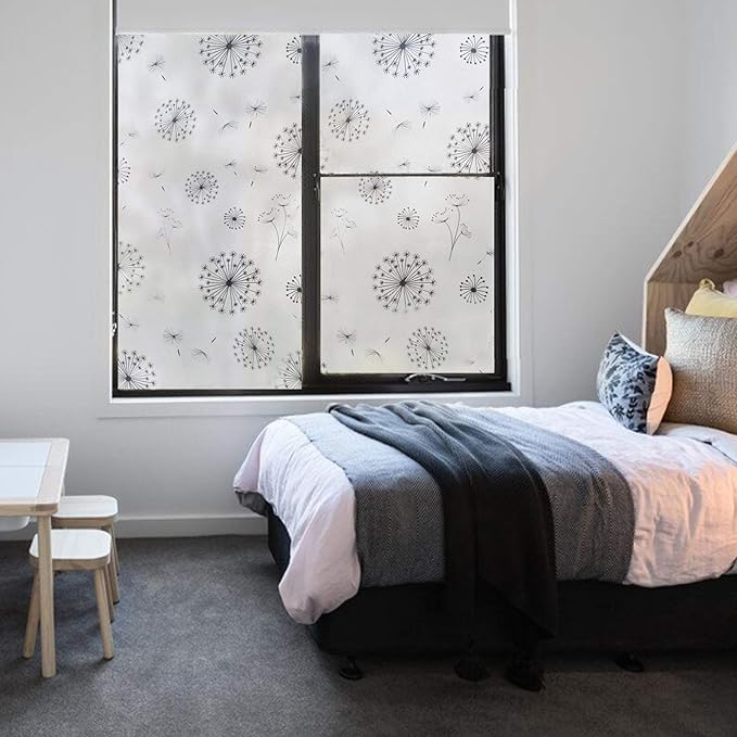 Filmgoo Window Privacy Film Non-Adhesive Sun Blocking Stained Glass Door Sticker Frosted Window Tinting Film for Home Office（Dandelion,35.4 Inch x 6.5 Feet）