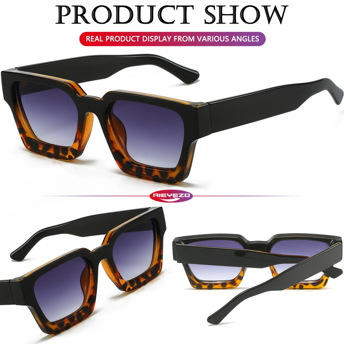 AIEYEZO Square Sunglasses for Women Men Square Thick Frame Sun Glasses Simple Designer Style Shades (Black/Grey + Black Leopard/Grey Gradient)