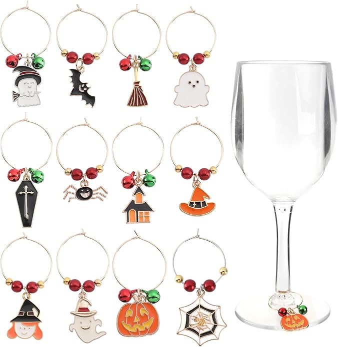 Kzikbxh12 Pcs Spooky Wine Glass Charms, Themed Stemware Markers and Drink Identifiers for Party Favors, Ghost Pumpkin Bat ...