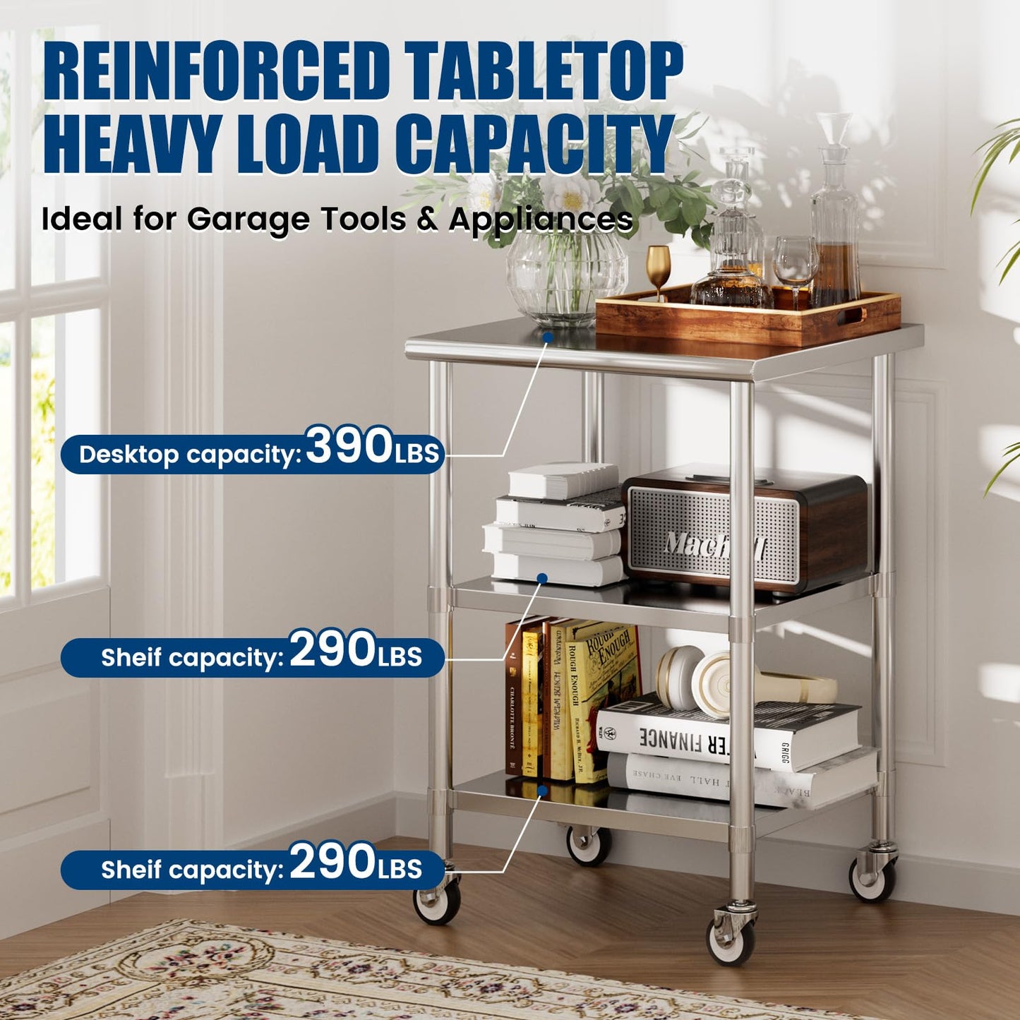 Chingoo Stainless Steel Work Table with Wheels, 24x24 Inch NSF Kitchen Prep Table with 2 Adjustable Undershelves for Commercial Restaurant, Garage, Outdoor BBQ
