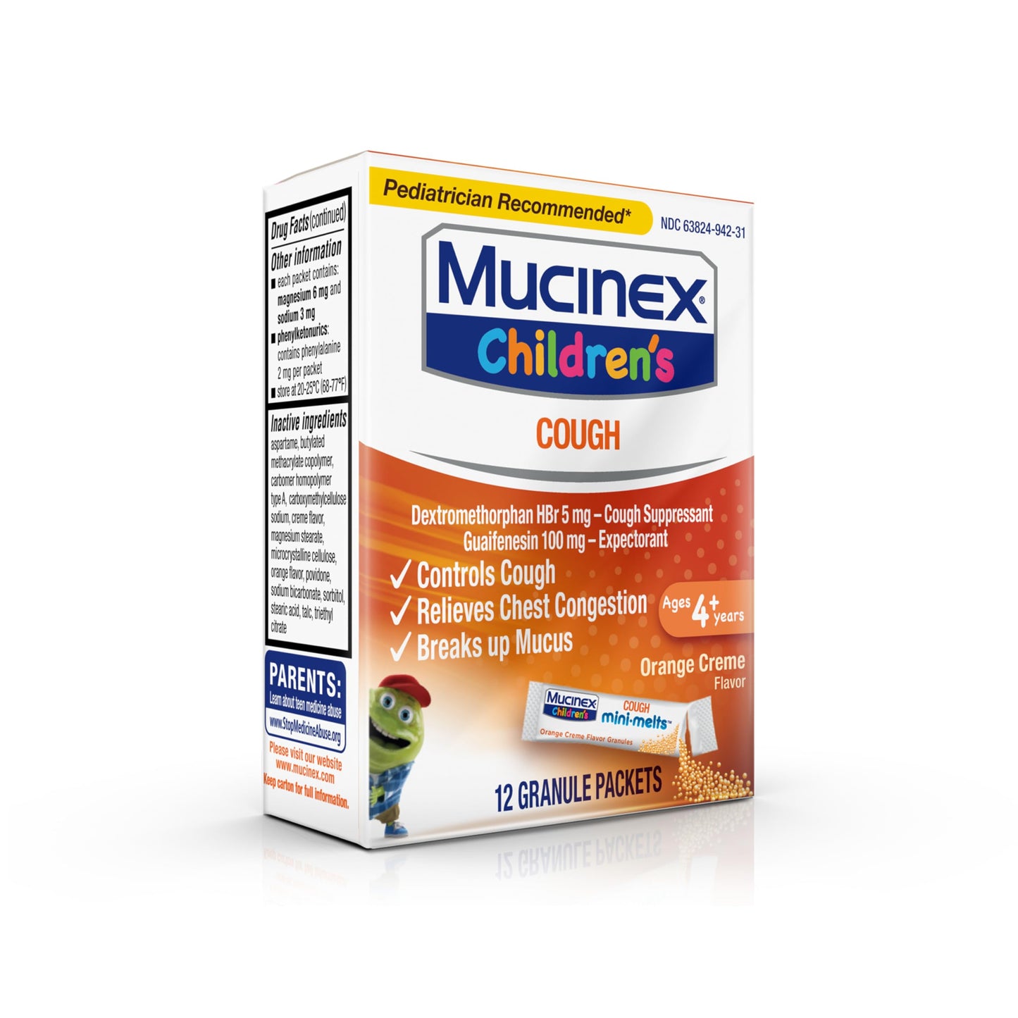 Mucinex Children's Chest Congestion Expectorant and Cough Suppressant Mini-Melts, Orange Cream, 12 Count (Packaging May Vary) (Pack of 2)