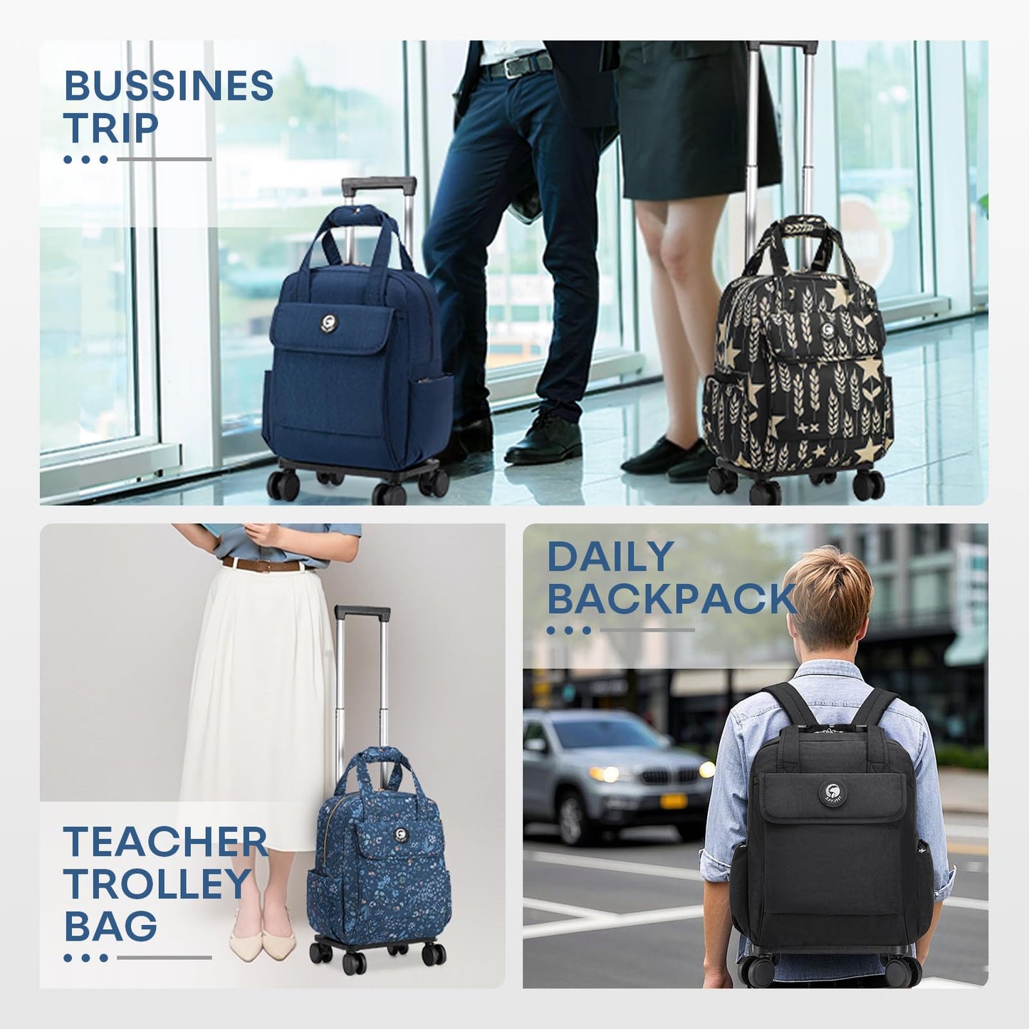 BAGZY 25L Rolling Backpack Waterproof Rolling Teacher Bag with Laptop Compartment Travel Backpack with Wheels Laptop Bag with Wheels Rollings Briefcase for Women Men Black
