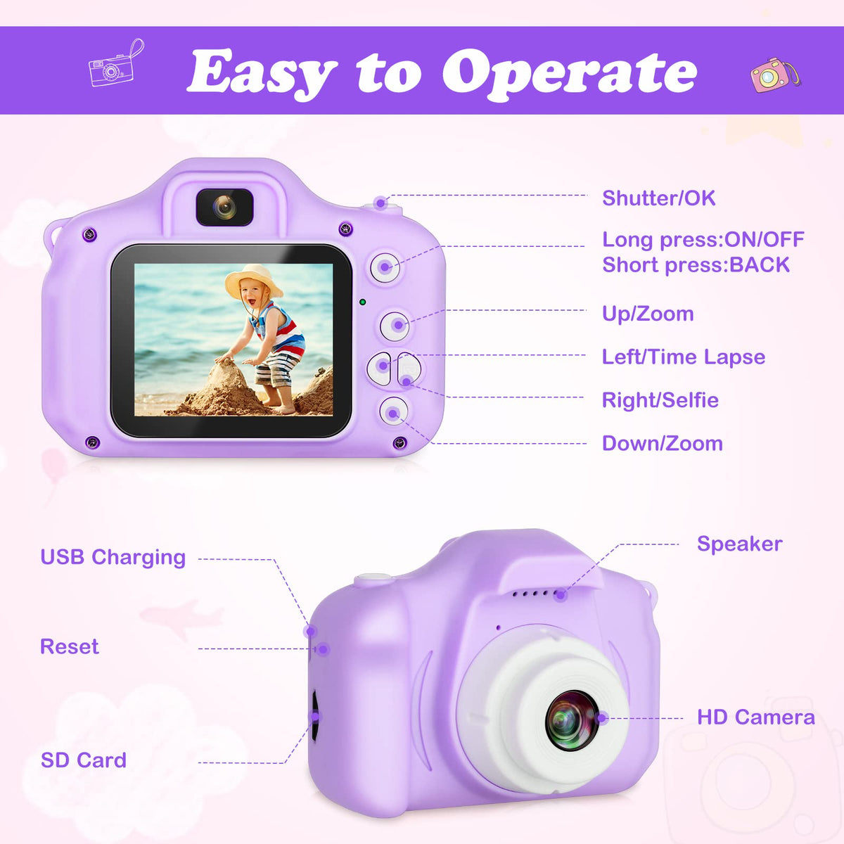 Zeacool Kids Camera, HD Digital Video Camera, Childrens Toys for 3 4 5 6 7 8 9 Year Old Boys/Girls, Selfie Camera for Kids, Christmas Birthday Gifts with 32GB SD Card (Purple)