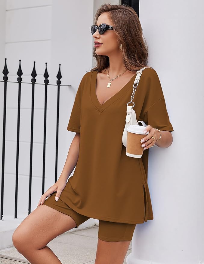 Ekouaer Womens Pajamas 2 Piece Lounge Sets Oversized V Neck T-Shirts Tops Biker Shorts Set Workout Reversible Tracksuit S-XXL