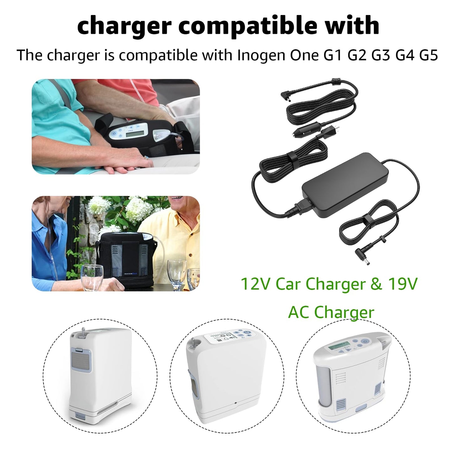 Norward Charger for Inogen One G1 G2 G3 G4 G5, 12V Car Charger & 19V AC Charger Compatible with Inogen one g5 Accessories for ADP-120RH BA-301 BA-302 BA-303 Oxygen Concentrator