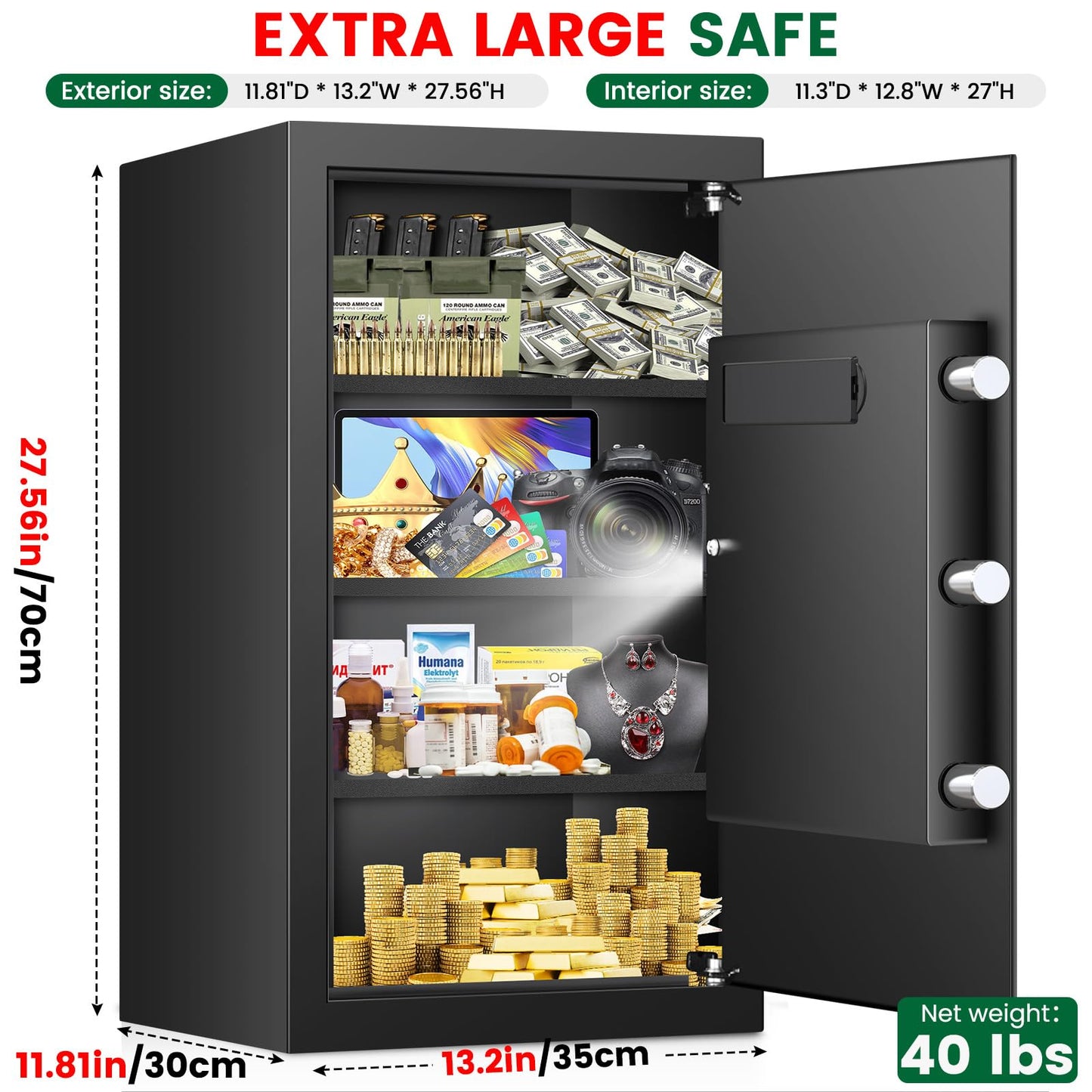 Large Safe, 7.0 Cuft Safe Box With Fireproof Waterproof Letter Bag, Anti-theft Home Safes with Digital Keypad, Spare Key, 3 Removable Shelves, Alert System, Document Safes for Home Business Valuables