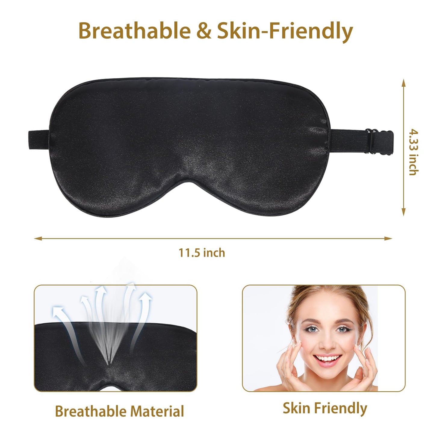 JroyJoy 4 Pack Super Soft Silk Sleep Mask - 100% Blackout, Zero Eye Pressure, Blindfold with Adjustable Strap, Travel Eye Covers (Black&Pink&Blue&Light Blue)