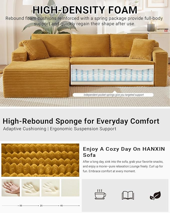105 Inch Modular Sectional Sofa,Modern Cloud Sectional Couch with Deep Seat,Corduroy Boneless Couches with L-Shape Chaise for Living Room Bedroom,No Assembly Required (Yellow, Left Facing Chaise)