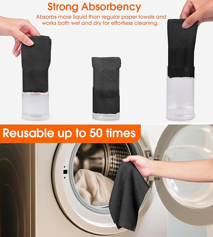 Microfiber Cleaning Cloth Roll–100 Pack, Tear Away Microfiber Towels, Reusable, Washable, Scratch-Free, Kitchen Towels for Car, Home, Kitchen, Glass, Dishes (Black)