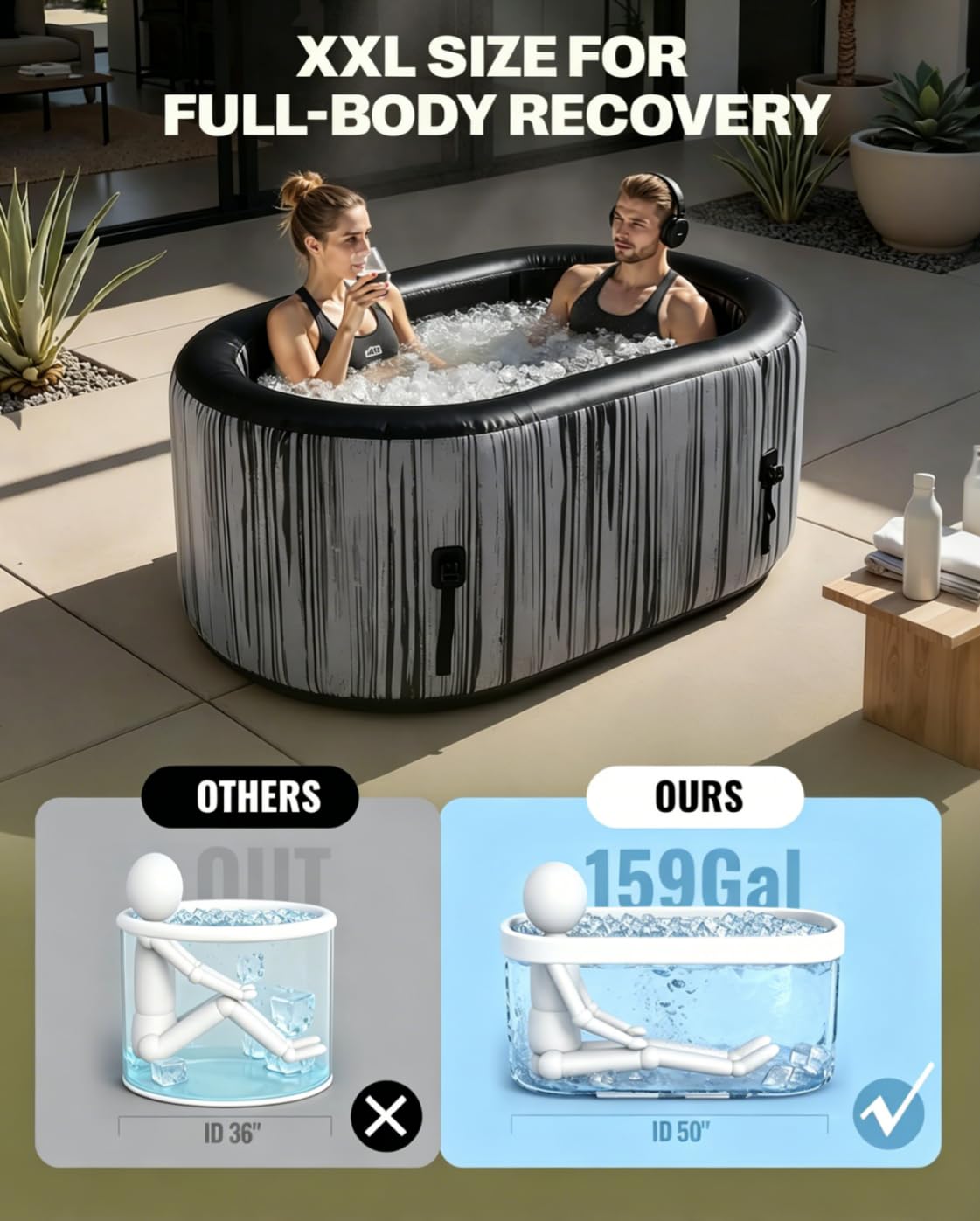 SWRORDAWN Upgrade 179 Gal XXL Ice Bath Tub Fits Tall 6'7" Athletic, Water Chiller Compatible Cold Plunge Tub for Recovery, 5-Layer Portable Inflatable Ice Bathtub with Lid for Indoor Outdoor Use, Gray